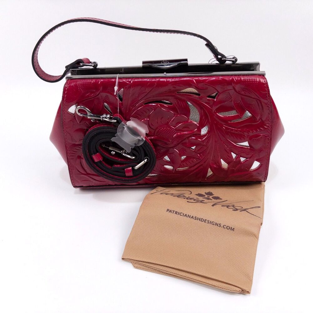 Patricia Nash Bovino Cut Out Tooled Leather Frame Satchel Burgandy Red NWT